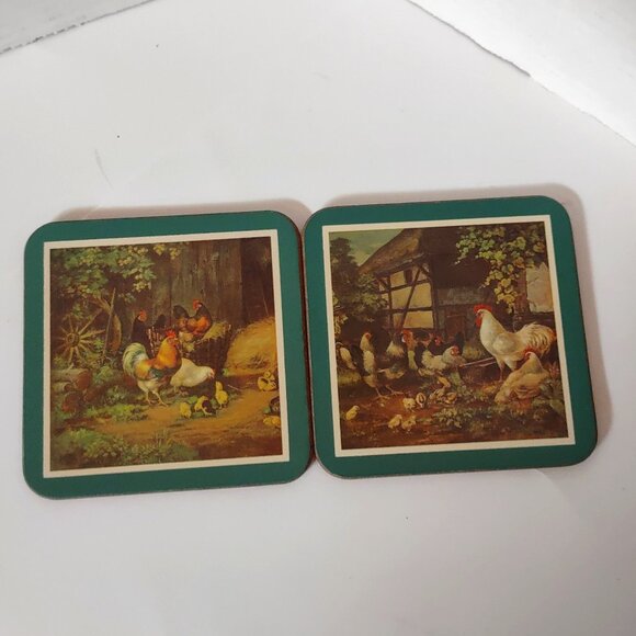 Vtg Set 6 English Life Farmhouse Rooster Chickens Hens Chicks Cork Coasters UK - Picture 3 of 6